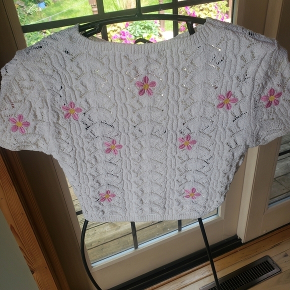 Zara Pink Embroidered Short Sleeve Crew Neck Sz. S Crop Knit Top - Picture 3 of 10